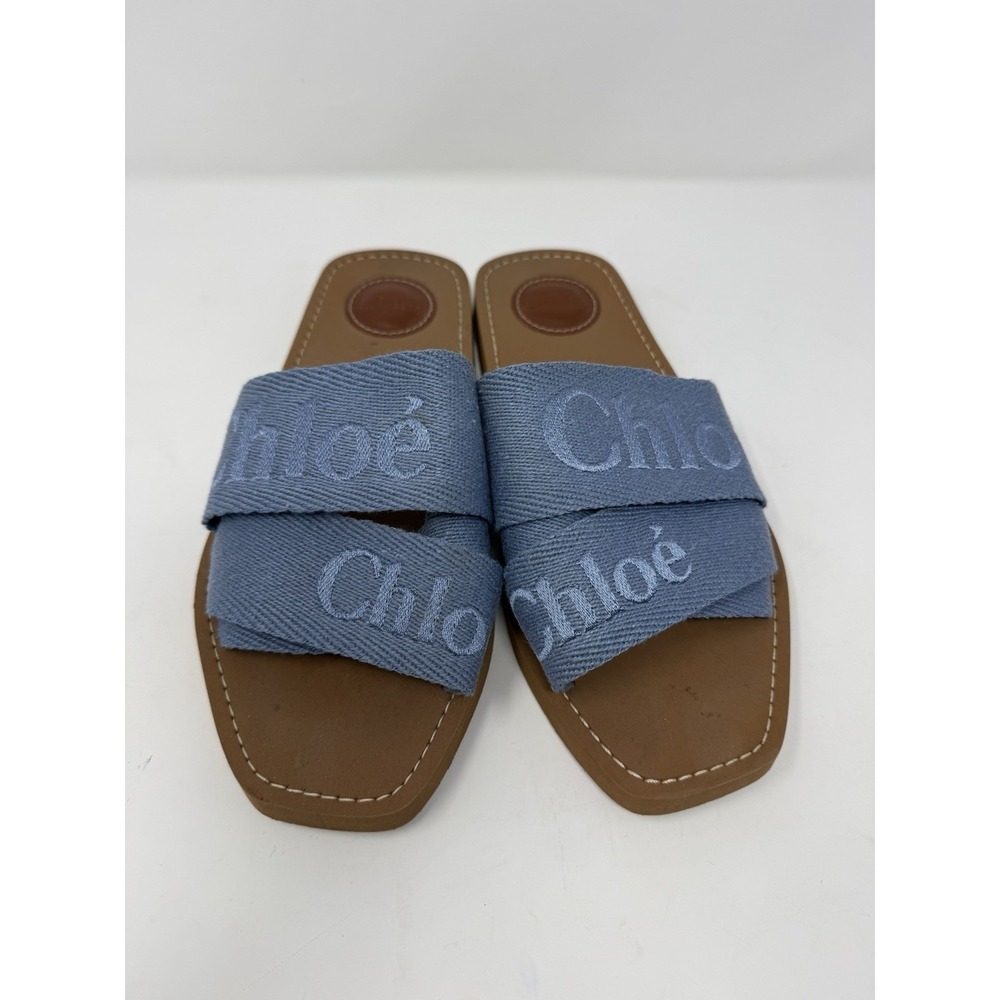 Chloe Woody Mule Blue Flat Logo Canvas Women Slide Sandals Size 38